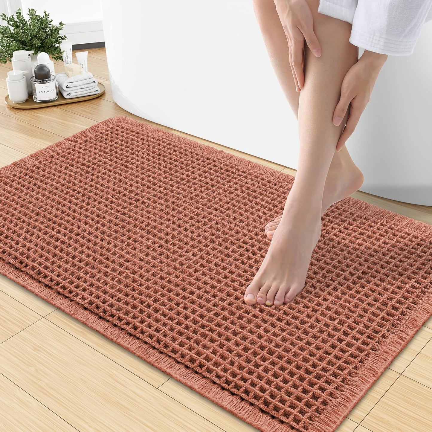 Smiry Waffle Bath Mat 30x20, Extra Soft Absorbent Bathroom Rugs, Non Slip Machine Washable Quick Dry Bath Rugs for Bathroom Floor, Tub, Shower, Home Decor Accessories, Brown