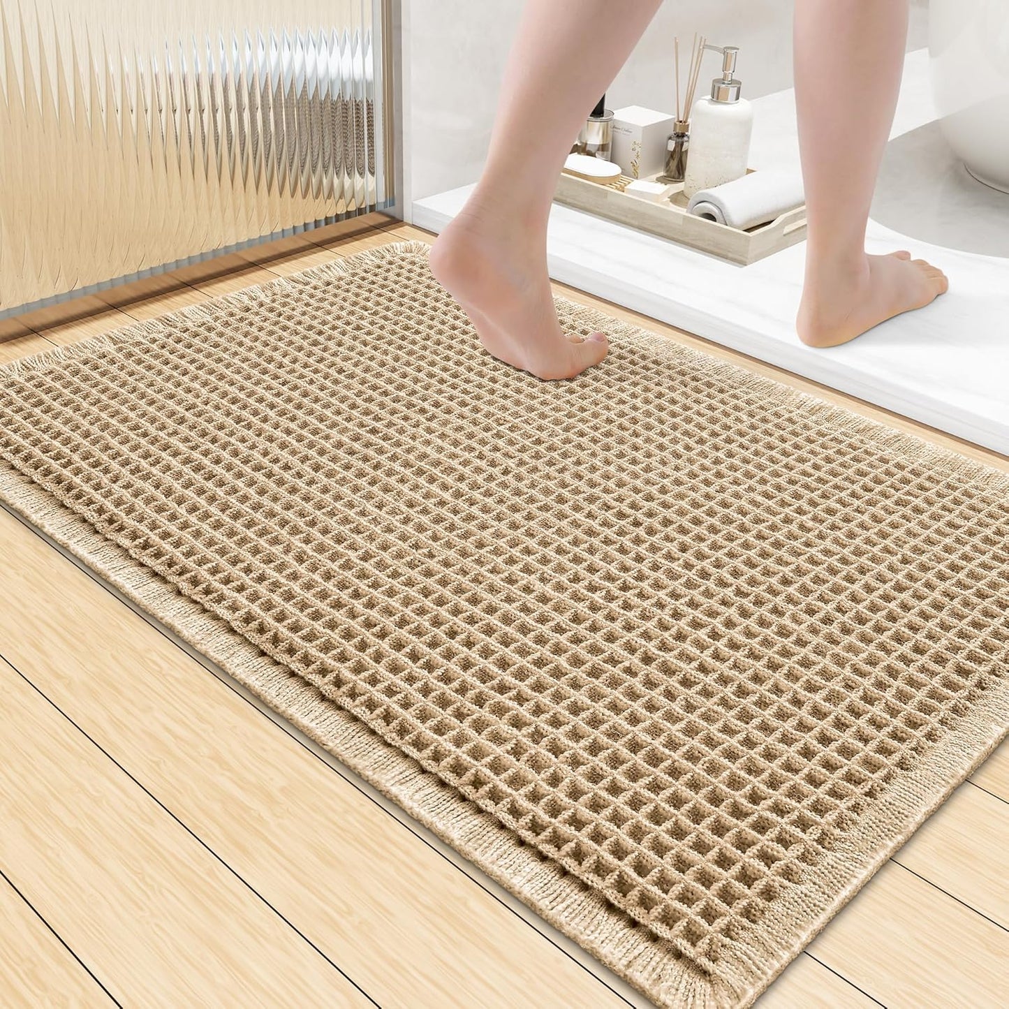 Smiry Waffle Bath Mat 30x20, Extra Soft Absorbent Bathroom Rugs, Non Slip Machine Washable Quick Dry Bath Rugs for Bathroom Floor, Tub, Shower, Home Decor Accessories, Brown