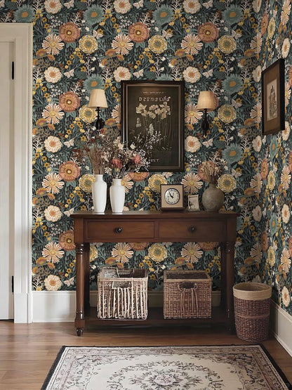 Dimoon 17.3''x78.7'' Peel and Stick Wallpaper Floral Cute Contact Paper Vintage Village Country Cottage Wallpaper Farmhouse Yellow Beige Renter Friendly Geometry Waterproof Embossed Kitchen Bedroom