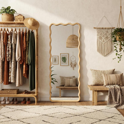 Full Length Mirror, 55"x28" Boho Wavy Wood Floor Mirror, for Bathroom, Bedroom, Living Room, Cloakroom, Entryway