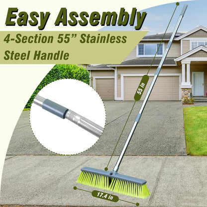 Upgraded 18" Push Broom with Adjustable Long Handle, Total Length is 55", Multi-Surface Floor Scrub Brush for Cleaning Deck, Patio, Garage, Driveway