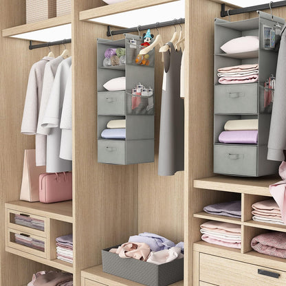 MAX Houser 4-Shelf Hanging Closet Organizer, Space Saver, Cloth Hanging Shelves with 2 Side Pockets, Foldable (Beige)