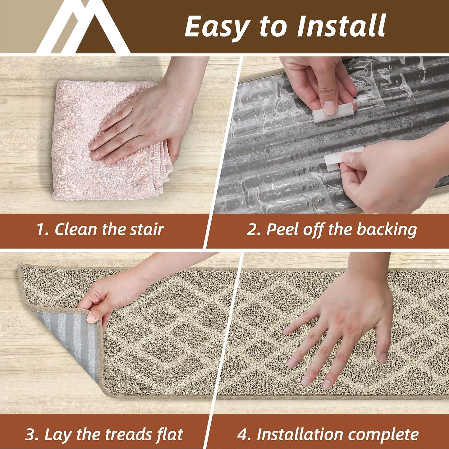 COSY HOMEER Soft Stair Treads Non-Slip Carpet Mat 28inX9in Indoor Stair Runners for Wooden Steps,Stair Rugs for Kids and Dogs, 100% Polyester TPE Backing 7pcs,Black,Rhombus
