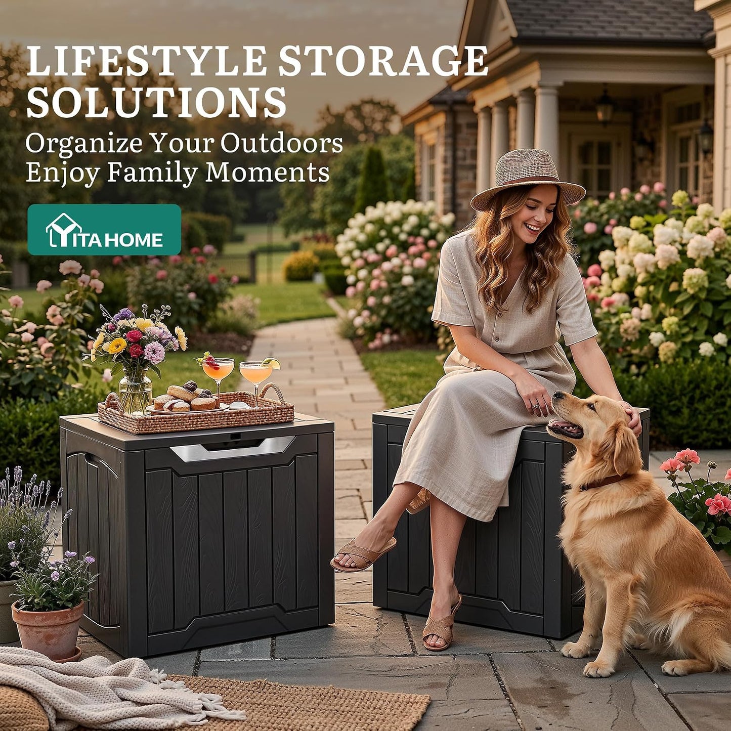 YITAHOME 134 Gallon Large Deck Box | Waterproof Resin Outdoor Storage Box with Lock, Doubles as 2-Person Bench Seating for Patio Furniture Cushions,Garden Tools &