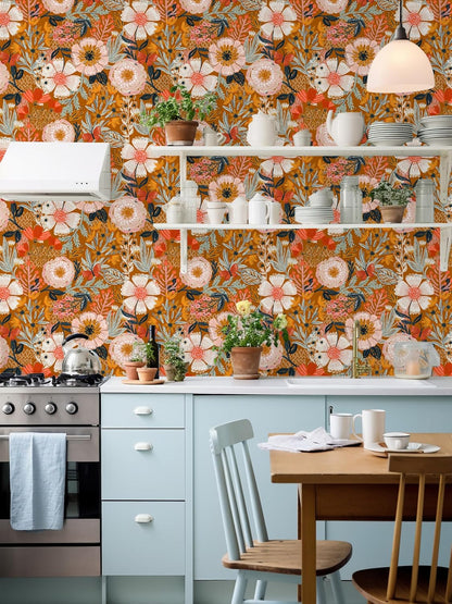HAOKHOME Boho Peel and Stick Wallpaper Floral Wall Paper Removable for Bedroom Navy/Pink/Orange Contact Paper 17.7in x 9.8ft