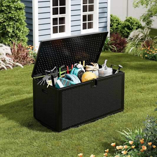 Large Resin Deck Box Waterproof, 150 gal, 800 LB Capacity Heavy Duty Outdoor Storage Box with Lockable Lid, Portable Outside Storage Container for Patio Garden Yard