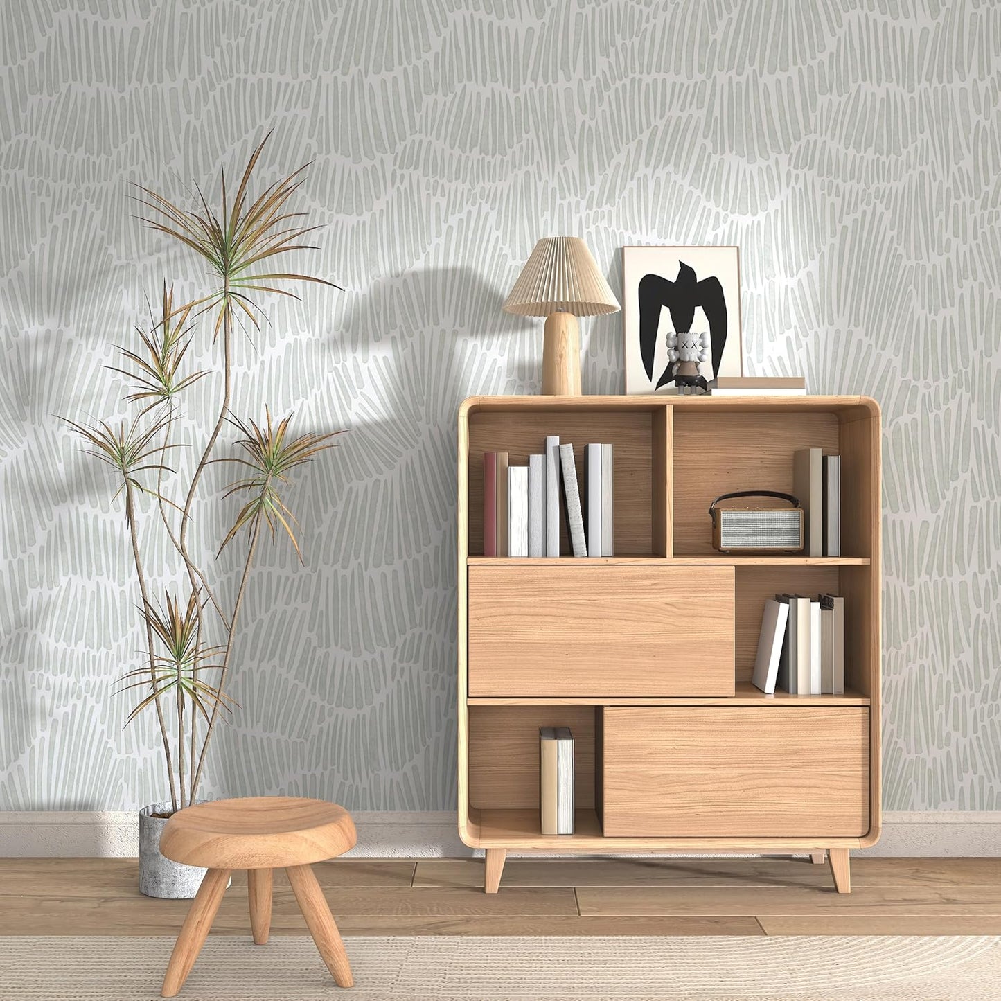 Theper Beige Wallpaper 17.3"×78.8" Modern Striped Peel and Stick Wallpaper Boho Removable Self Adhesive Wall Paper for Bedroom Waterproof White and Gold Contact Paper for Cabinets Vinyl