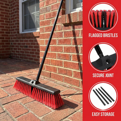 18" Heavy Duty Push Broom - 61" Adjustable 4-Section Metal Handle Stiff Flagged Hard Bristles Indoor Outdoor Floor Broom for Garage Patio Concrete Deck Shop Warehouse (Yellow, 18inches Wide)