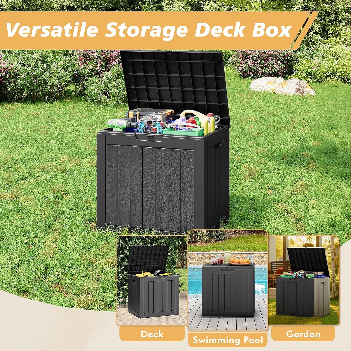 Fancyango 75 Gallon Outdoor Deck Box Waterproof, Large Storage Box for Patio, Resin Storage Bench Lockable for Garden Tools, Package Delivery, Black