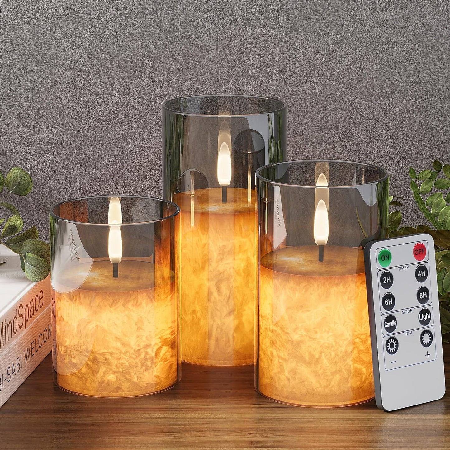 VIODAIM Ice Crystal Real Wax Glass Flameless Candles with Remote & Timer, Battery Operated Candles with Warm Flickering Flame, Realistic LED Candle for Wedding Home Decor [D3×H4/5"/6"] Gold, 3Pack