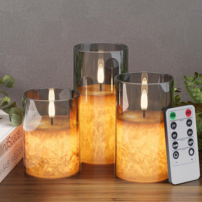 VIODAIM Ice Crystal Real Wax Glass Flameless Candles with Remote & Timer, Battery Operated Candles with Warm Flickering Flame, Realistic LED Candle for Wedding Home Decor [D3×H4/5"/6"] Gold, 3Pack