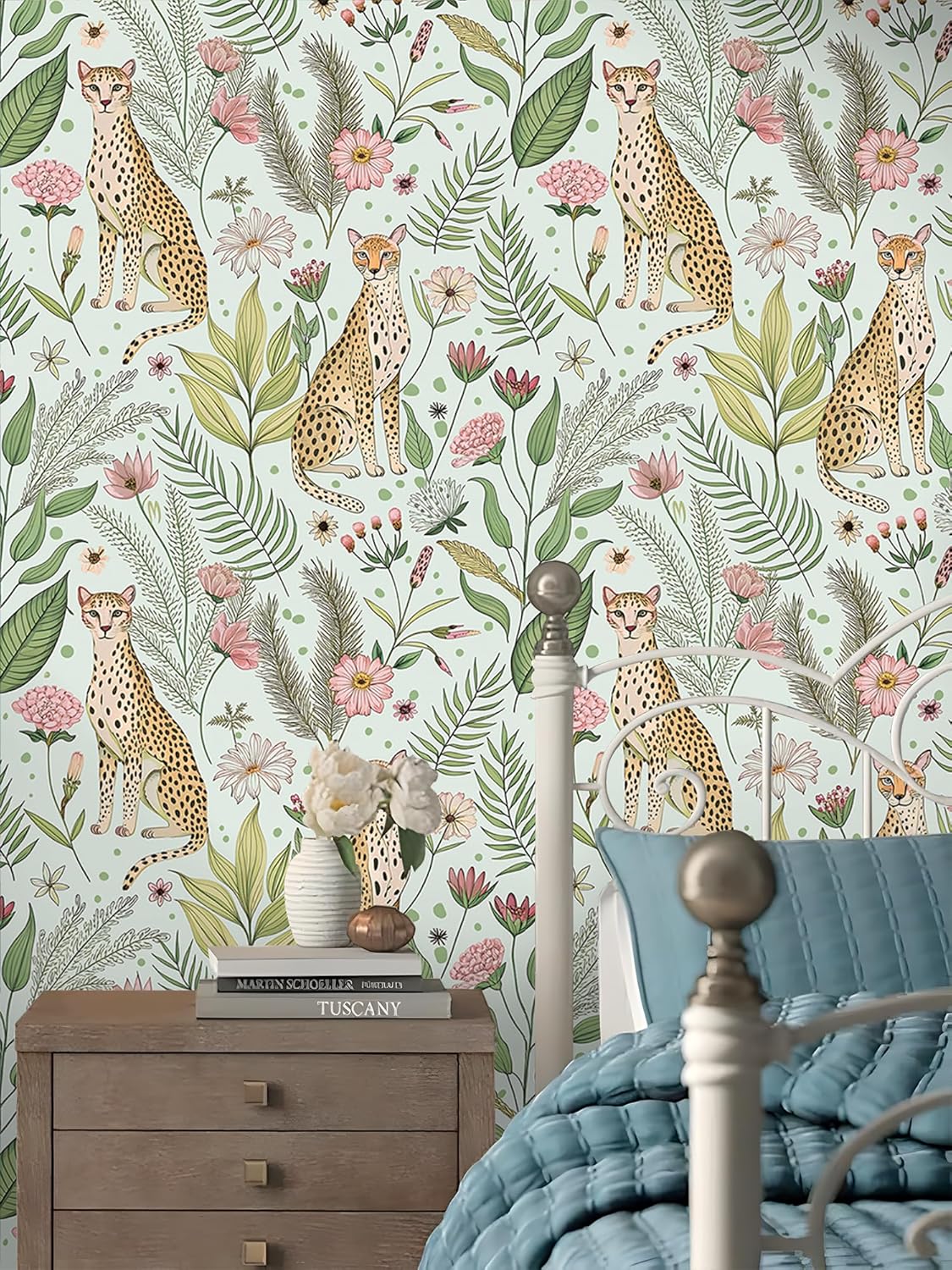 Floralplus Peel and Stick Wallpaper Leopard Jungle Removable Wallpaper for Bathroom Renter Friendly Wallpapers Self Adhesive Animal Floral Contact Paper for Accent Wall 17.5 x 118 in