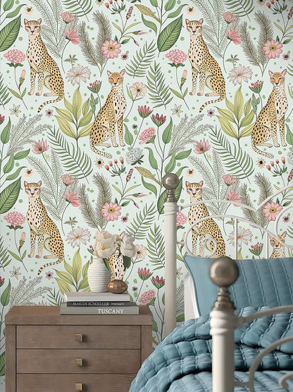 Floralplus Peel and Stick Wallpaper Leopard Jungle Removable Wallpaper for Bathroom Renter Friendly Wallpapers Self Adhesive Animal Floral Contact Paper for Accent Wall 17.5 x 118 in