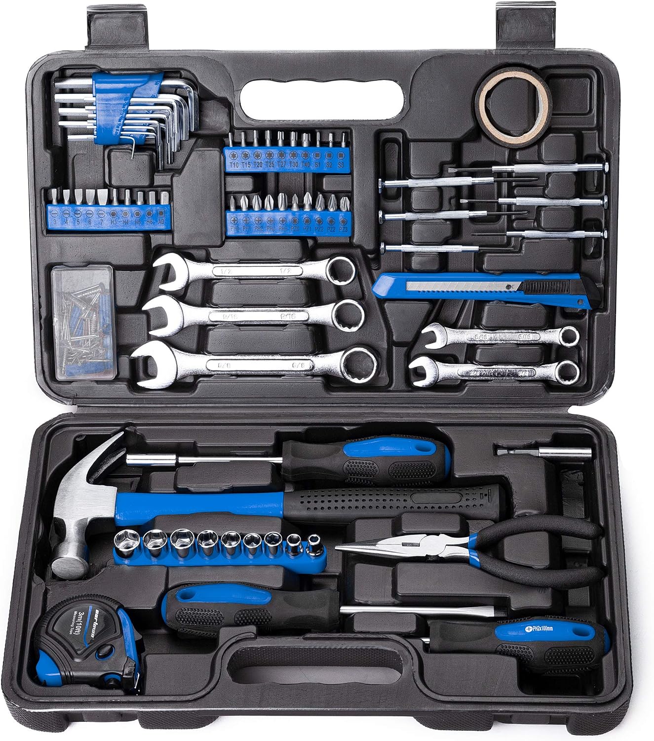 CARTMAN 148-Piece Automotive And Household Tool Set, Blue Repair Kit Case | Versatile tool assortment for car maintenance, home repairs, DIY projects, furniture setup, and daily fixes in a molded case.