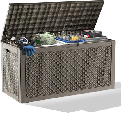 ROJIK 120 Gallon Waterproof Outdoor Deck Storage Box, Lockable Resin Patio Storage Bin with Lid for Garden Tools, Patio Cushions & Outdoor Accessories(Black)