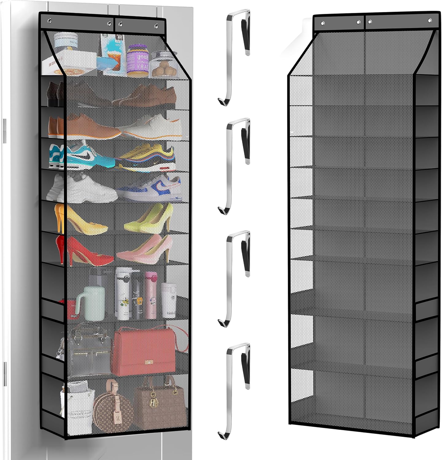 PAULONE 10-Pocket Multi-Use Over the Door Organizer, Heavy Duty 95lbs Capacity with Breathable Mesh, Versatile Hanging Storage for Shoes, Toys, Office Supplies-Classic (Black, 10-Shelf,)