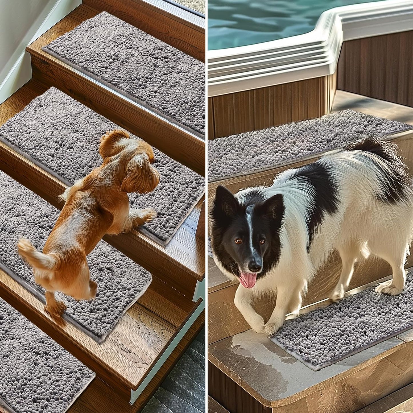Muddy Mat® Pack of 4 - Soft Chenille Stair Treads Non-Slip Reusable, Super Absorbent Stair Treads for Wooden Steps, Tile & Marble Floor, Easy to Install & Machine Washable - Brown 30'' x 7''