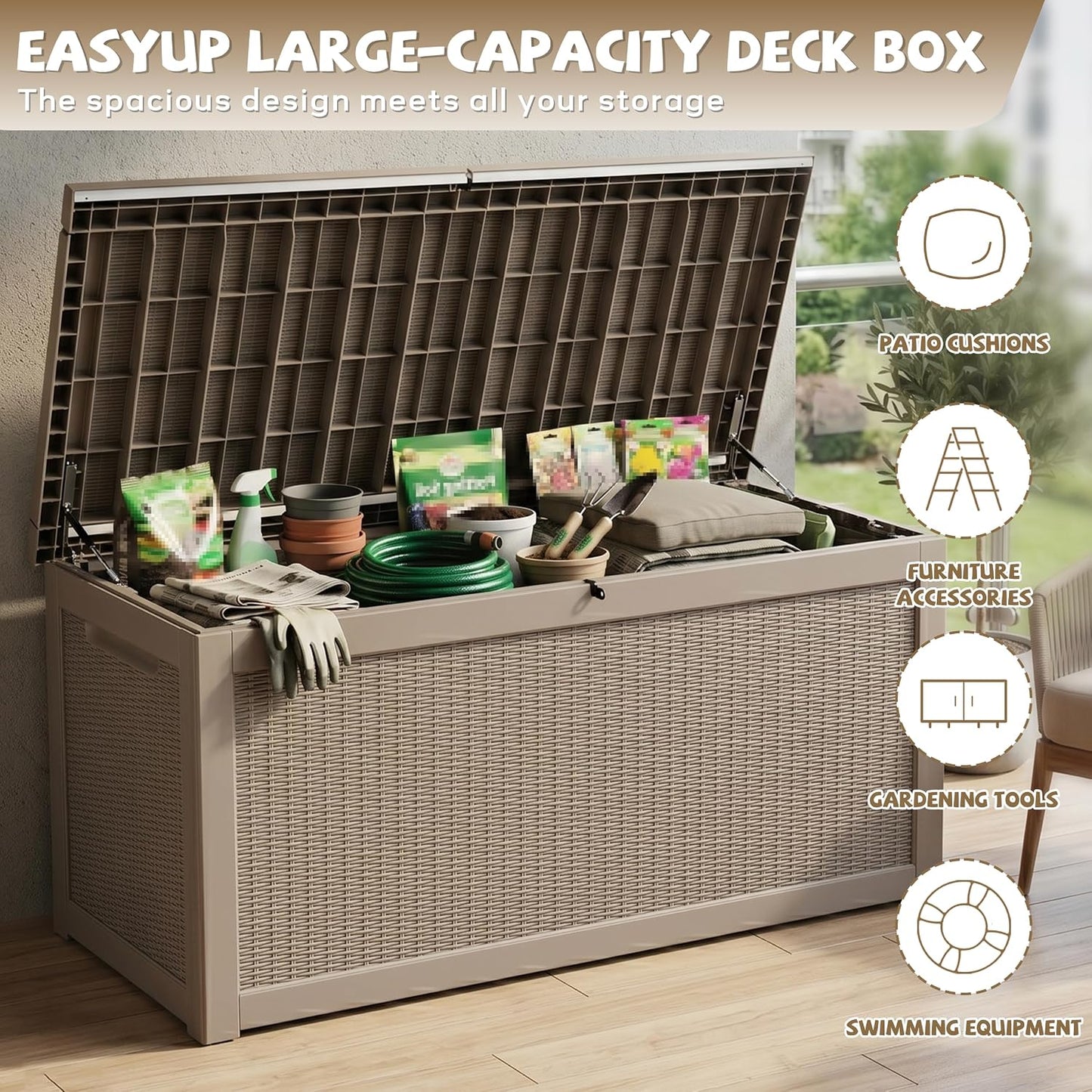 EasyUp 35 Gallon Outdoor Storage Box, Outdoor Deck Boxes for Garden Tools Equipment,Cushions and Patio Storage,Lockable and Resin,Easy to Install(Black)