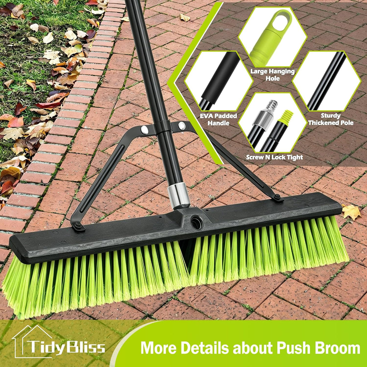 TidyBliss 24” Push Broom Outdoor Heavy Duty, Large Commercial Stiff Bristle Brush with 63 inches Long Handle for Garage Shop Garden Yard Patio Deck Street Warehouse Lawn Driveway (Yellow-Green)