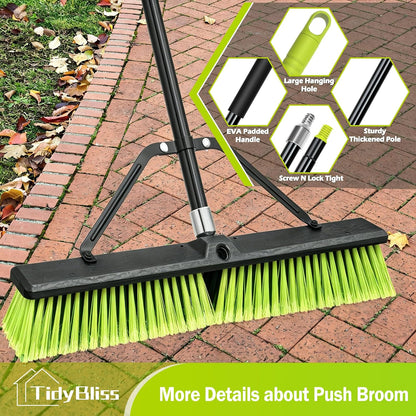 TidyBliss 24” Push Broom Outdoor Heavy Duty, Large Commercial Stiff Bristle Brush with 63 inches Long Handle for Garage Shop Garden Yard Patio Deck Street Warehouse Lawn Driveway (Yellow-Green)