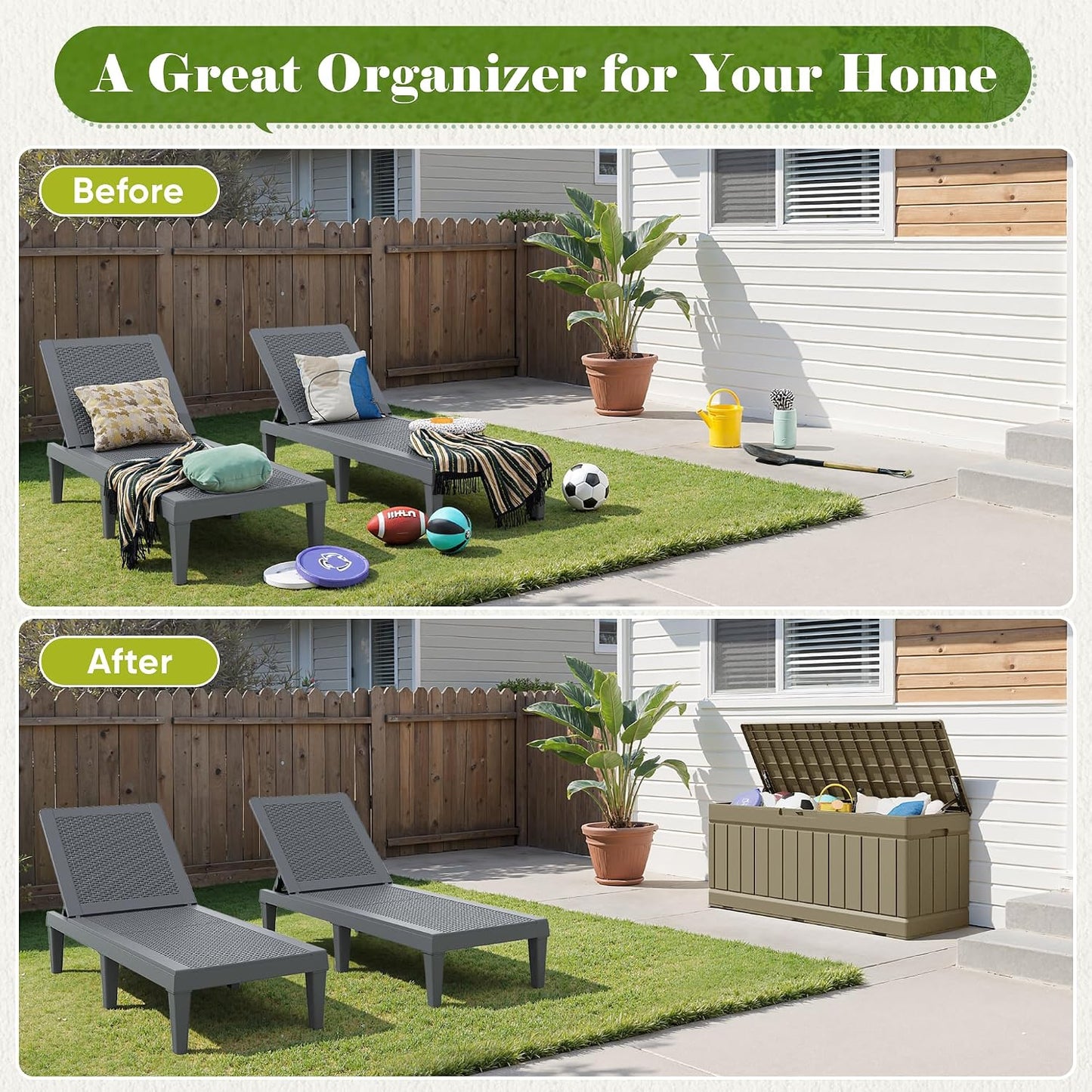 Flamaker Outdoor Storage Box 80 Gallon Resin Waterproof Deck Box Delivery Box with Wood Texture Large Storage Bin for Patio Cushions, (Grey)