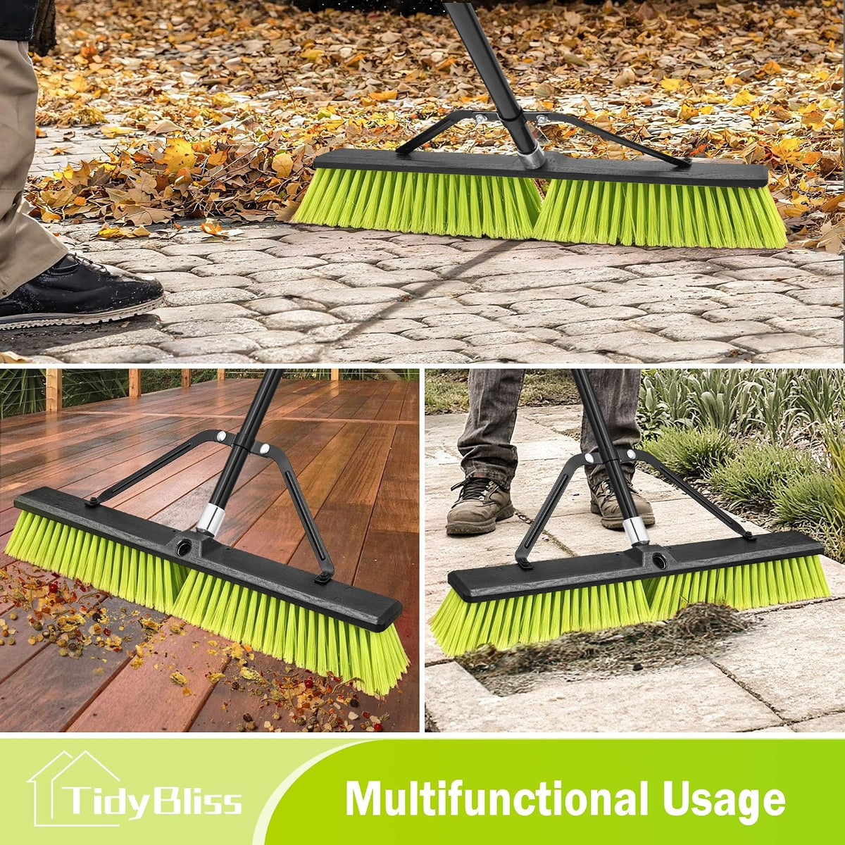 TidyBliss 24” Push Broom Outdoor Heavy Duty, Large Commercial Stiff Bristle Brush with 63 inches Long Handle for Garage Shop Garden Yard Patio Deck Street Warehouse Lawn Driveway (Yellow-Green)
