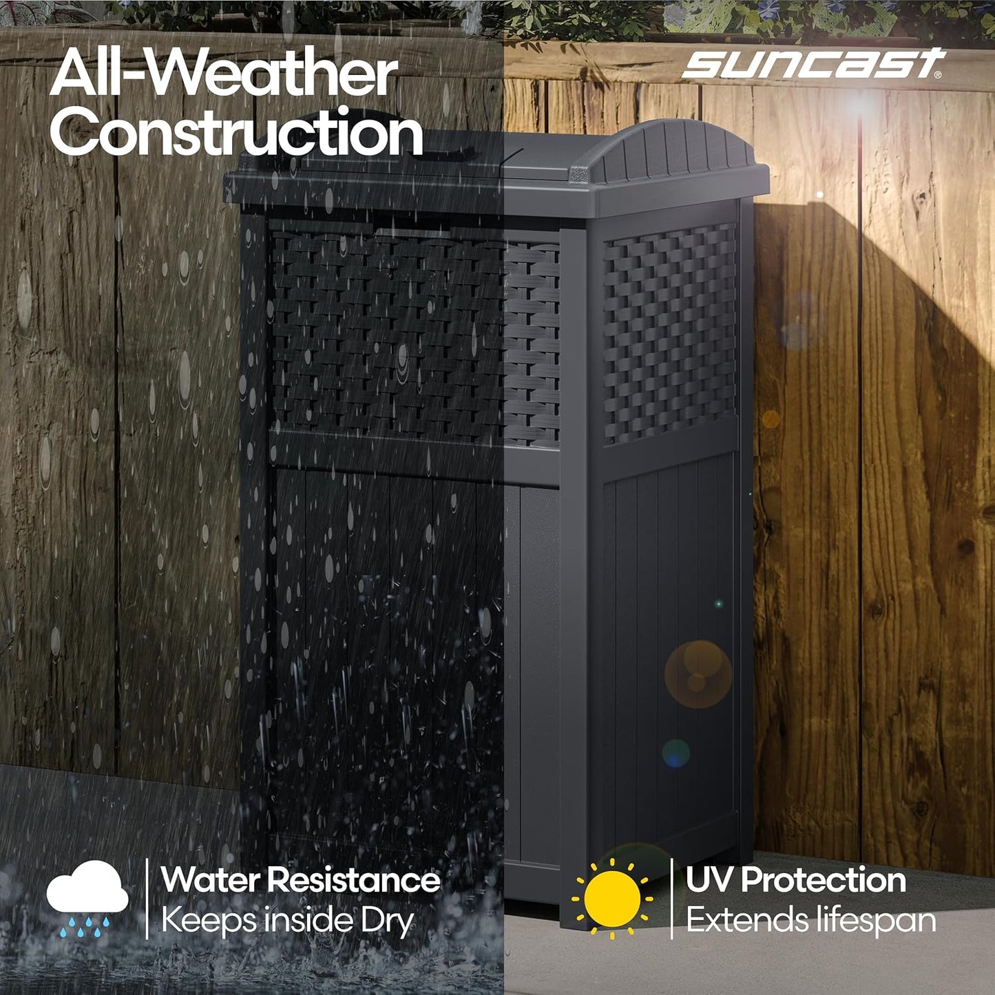 Suncast 33 Gallon Commercial Outdoor Trashcan Hideaway with Lid for 30 to 33 Gallon Trash Bags for Garage, Backyard, or Garden, Brown
