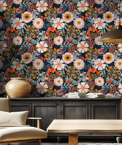 HAOKHOME Boho Peel and Stick Wallpaper Floral Wall Paper Removable for Bedroom Navy/Pink/Orange Contact Paper 17.7in x 9.8ft