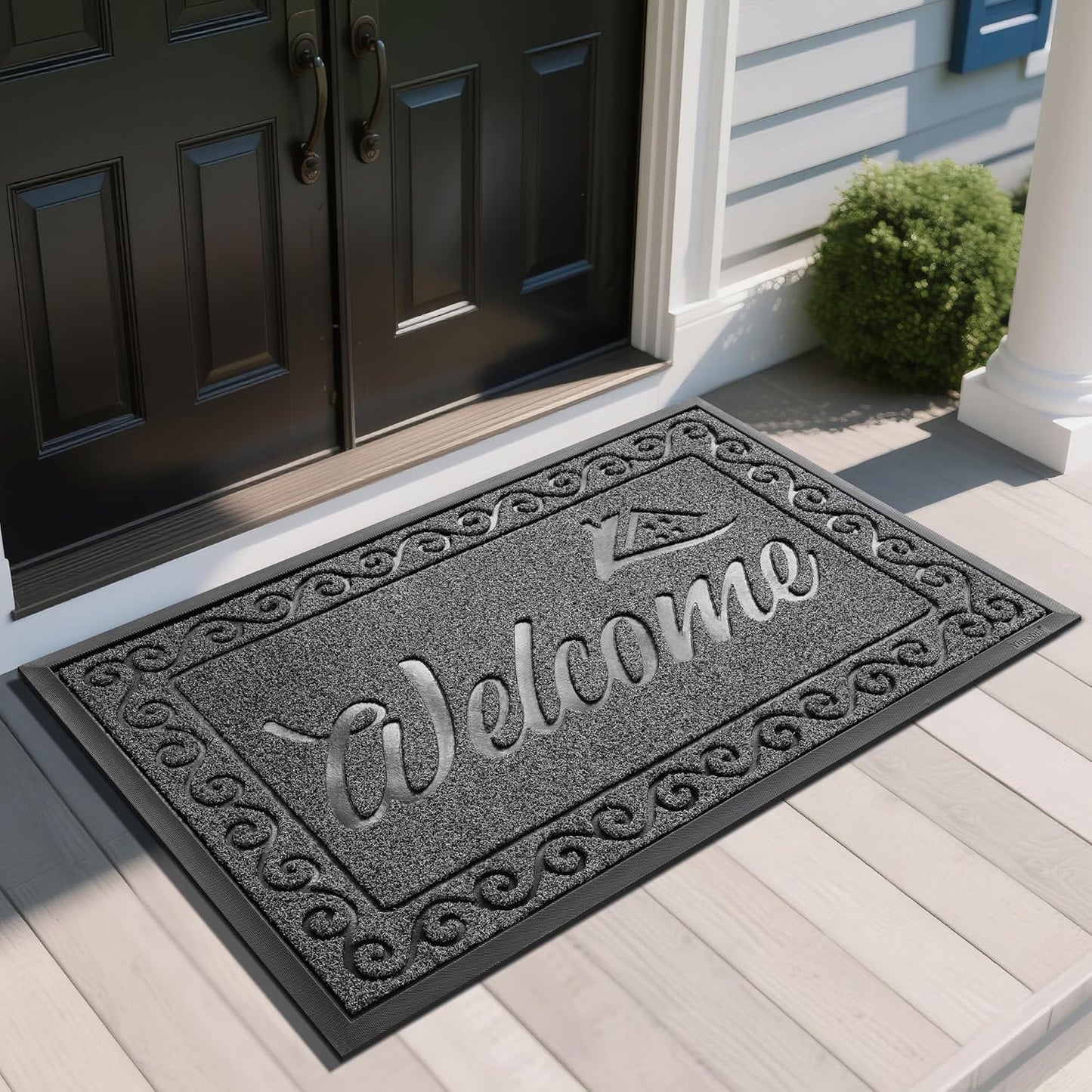 Yimobra Welcome Mat, Heavy Duty Sturdy Door Mats for Home Entrance Outdoor Indoor, Front Doormat for Outside Patio Floor Entry Porch Garage Office, Waterproof, Low Profile, 29.5x17, Black Grey
