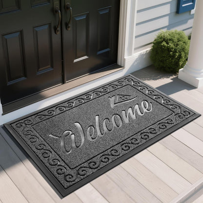 Yimobra Welcome Mat, Heavy Duty Sturdy Door Mats for Home Entrance Outdoor Indoor, Front Doormat for Outside Patio Floor Entry Porch Garage Office, Waterproof, Low Profile, 29.5x17, Black Grey
