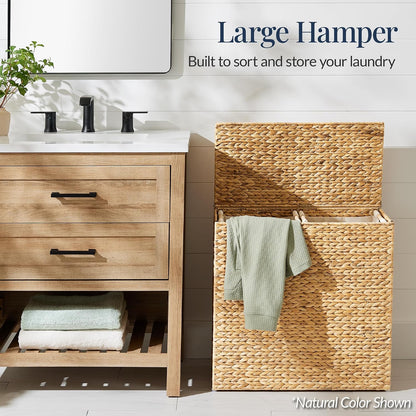 Best Choice Products Large Double Laundry Hamper with Lid, Natural Handwoven Water Hyacinth, 2 Sections w/ 2 Machine Washable Linen Liner Bags, Portable, Handles - Natural