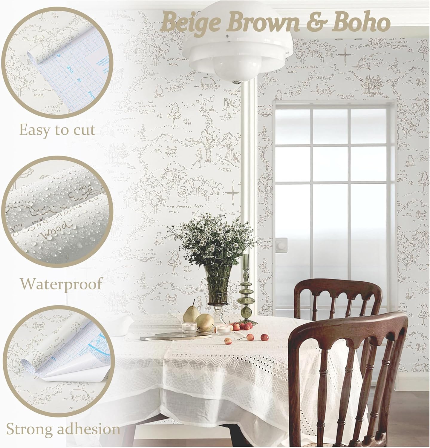 Dimoon 17.3''x78.7'' Vintage Peel and Stick Wallpaper Boho Beige Neutral Contact Paper White Floral Bird Wallpaper Removable Botanical Renter Friendly Modern Wall Paper Bedroom Bathroom Vinyl Roll