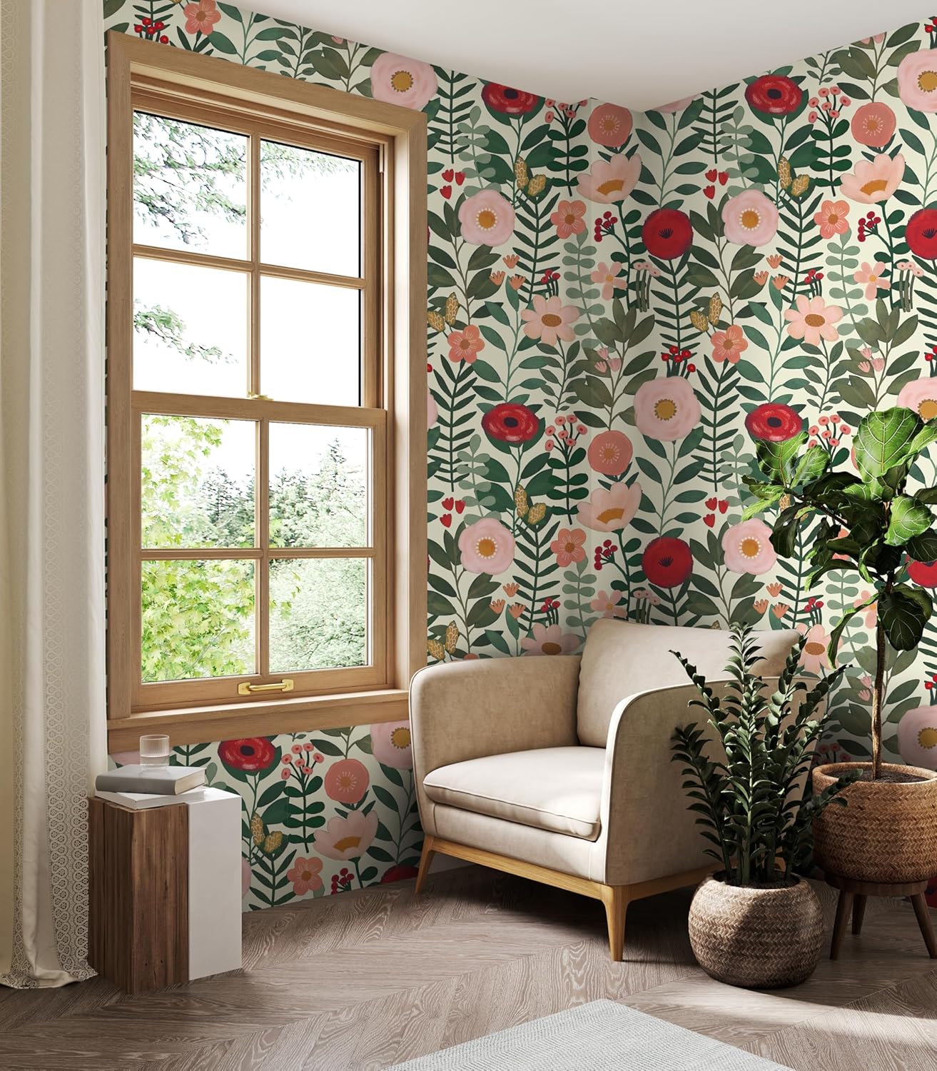 HAOKHOME Floral Peel and Stick Wallpaper Boho Vintage Wall Paper Removable for Bathroom Nursery Beige/Pink/Red Contact Paper 17.3in x 9.8ft