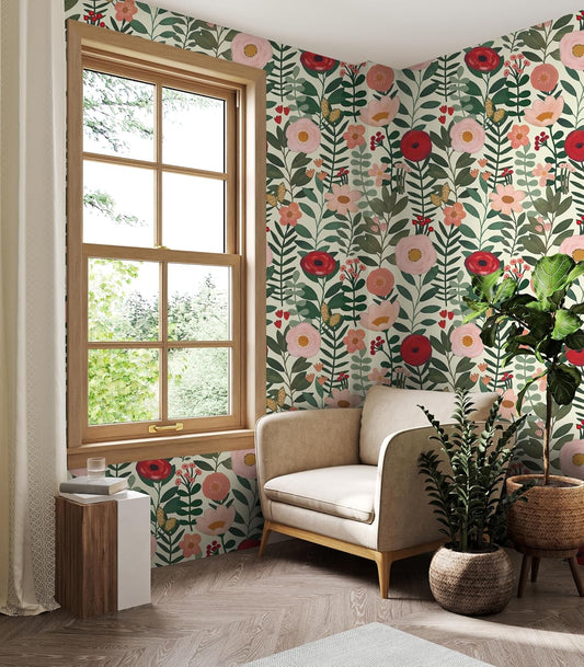 HAOKHOME Floral Peel and Stick Wallpaper Boho Vintage Wall Paper Removable for Bathroom Nursery Beige/Pink/Red Contact Paper 17.3in x 9.8ft