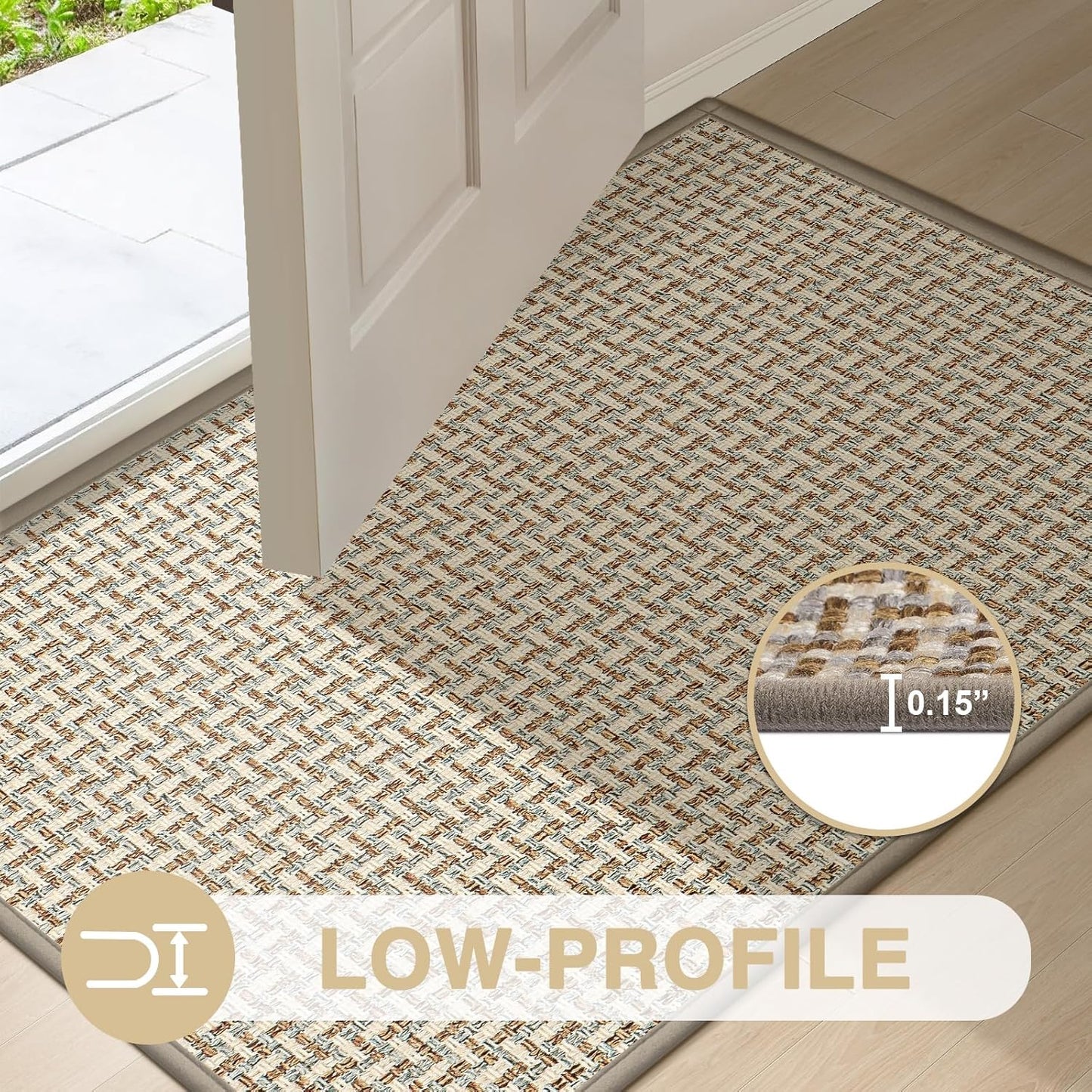 LEKEEPGO Ultra Thin Indoor Door Mat 17"x29", Low-Profile Door Mat Indoor Entrance, Non Slip Rubber Backing Inside Doormat Washable Welcome Front Entryway Dirt Trapper Entry Mat, Khaki
