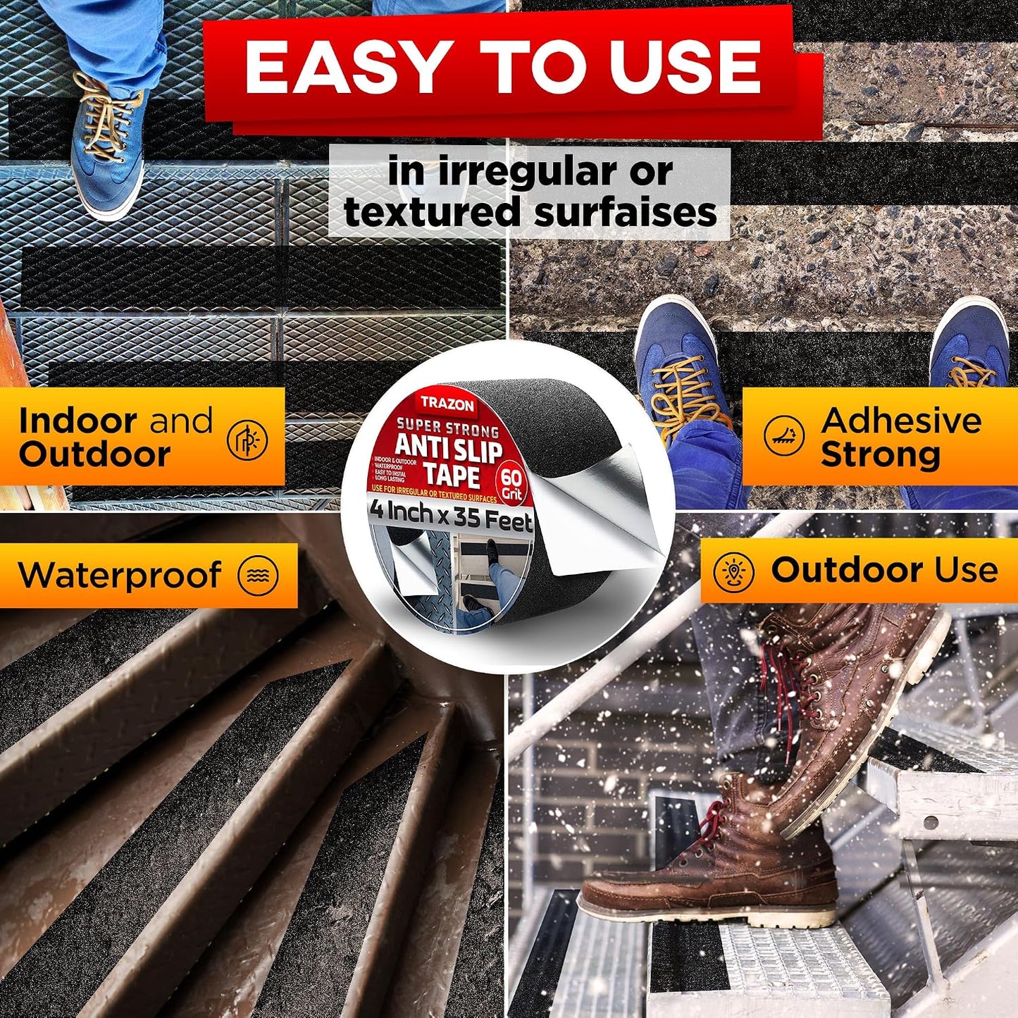 Grip Tape - Heavy Duty Anti Slip Tape for Stairs Outdoor/Indoor Waterproof 4Inch x 35Ft Safety Non Skid Roll for Stair Steps Ramp Traction Tread Staircases Grips Adhesive Non Slip Strips Walk Black
