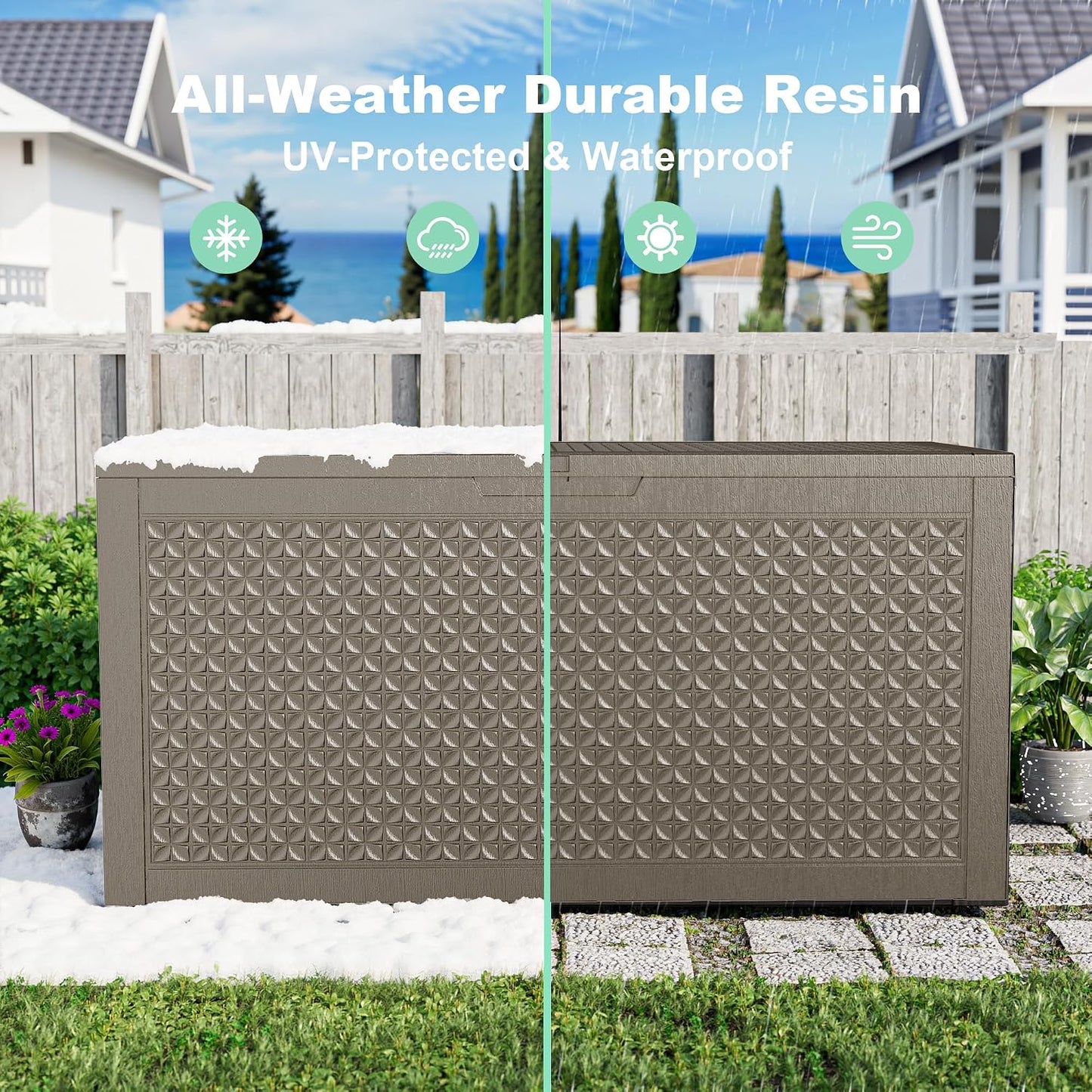 ROJIK 120 Gallon Waterproof Outdoor Deck Storage Box, Lockable Resin Patio Storage Bin with Lid for Garden Tools, Patio Cushions & Outdoor Accessories(Black)