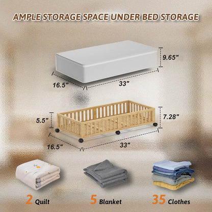 Bamboo Under Bed Storage Containers with Wheels, 2 Pack Under the Bed Shoe Storage Bins, Wood Rolling Underbed Drawers with Bag Organizer for Bedroom, Sheets Clothes Blanket Comforter, Under Crib Toy