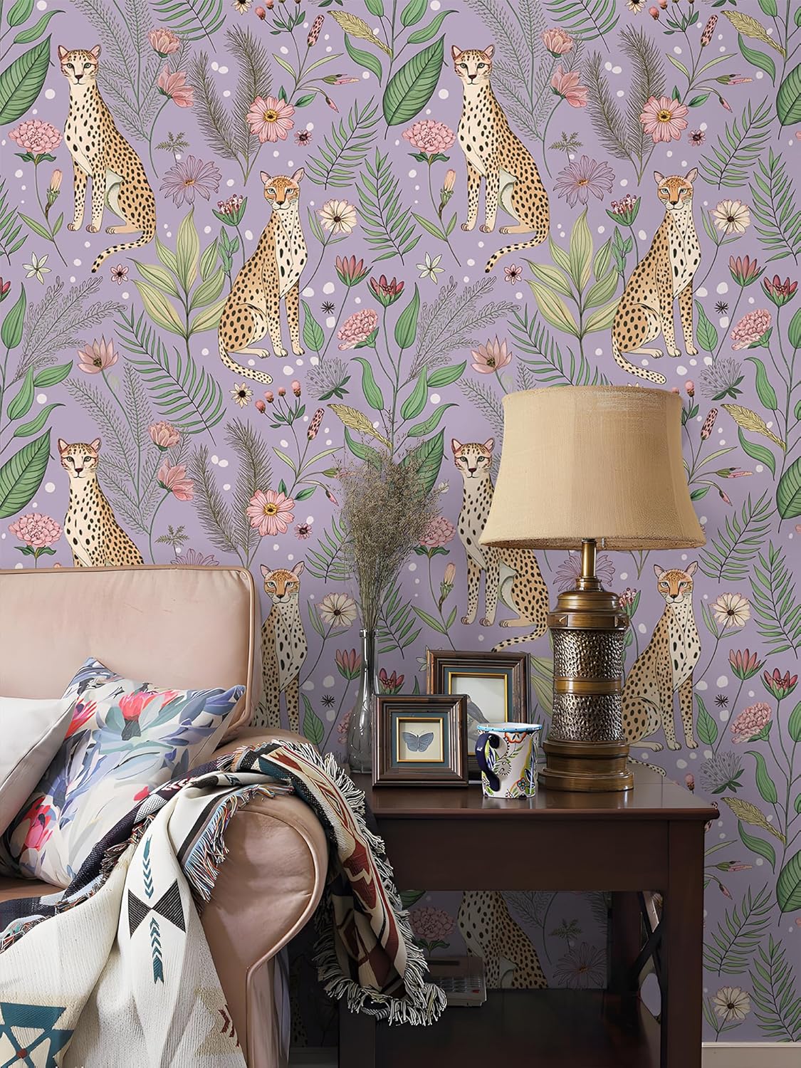Floralplus Peel and Stick Wallpaper Leopard Jungle Removable Wallpaper for Bathroom Renter Friendly Wallpapers Self Adhesive Animal Floral Contact Paper for Accent Wall 17.5 x 118 in