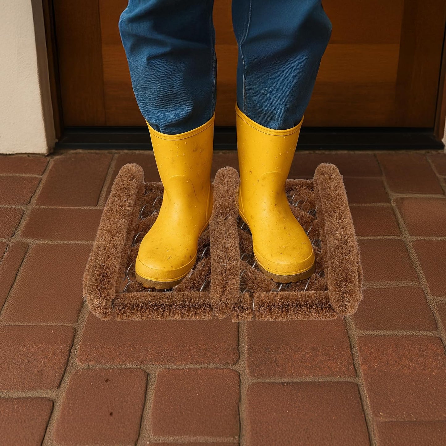 Kings County Tools Natural Coir Doormat - 13” x 12.5” Boot Brush Scraper Outdoor or Indoor Shoe Cleaner Brush Door Mat - 2.5” Thick Outdoor Boot Scraper with Stainless-Steel Wire Frame