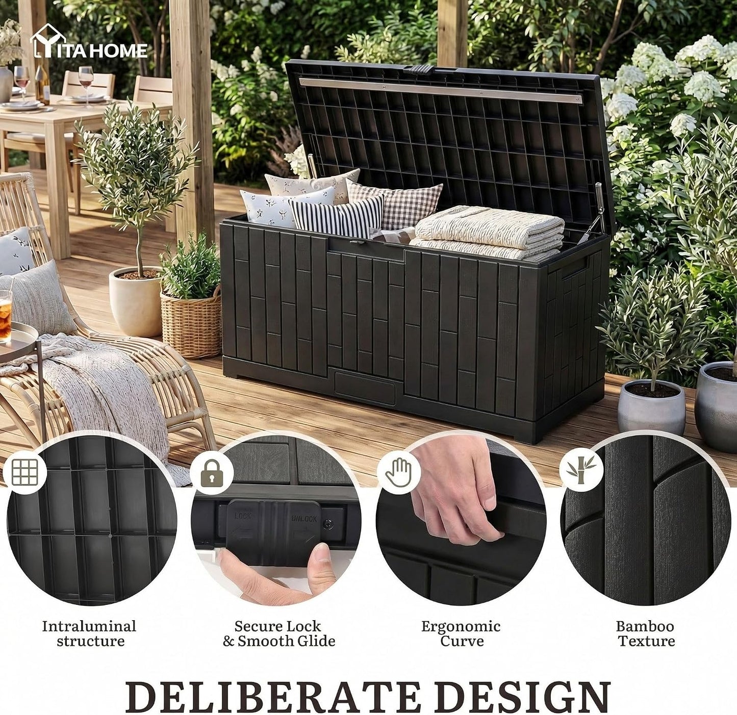 YITAHOME 31 Gallon Outdoor Storage Deck Box | Waterproof Resin Package Delivery and Storage Box with Lockable Lid for Patio Furniture Cushions, Pool Accessories, Garden
