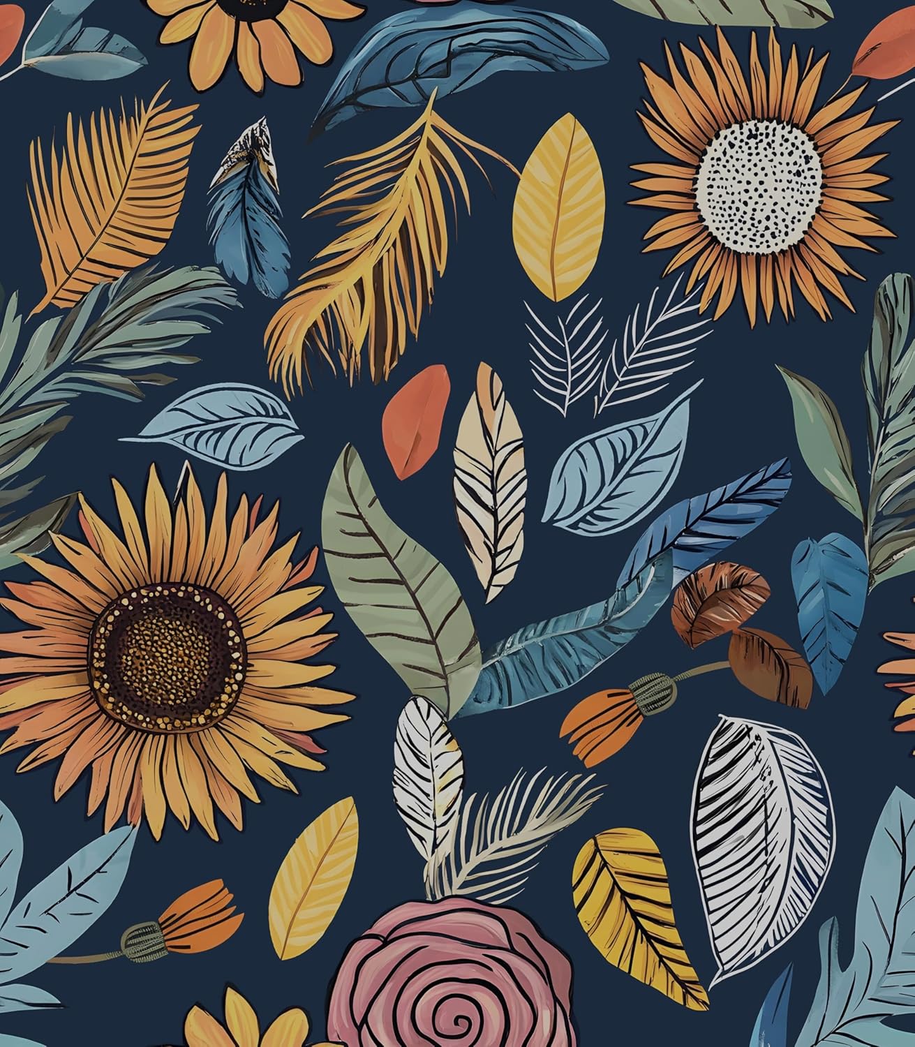 Blue Wallpaper Peel and Stick,Vintage Boho Floral Contact Paper 17.5" x 118", Retro Botanical Flower Wall Paper Self Adhesive Removable Waterproof for Walls Shelves Cabinet Table (Blue,Yellow, Green)