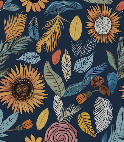 Blue Wallpaper Peel and Stick,Vintage Boho Floral Contact Paper 17.5" x 118", Retro Botanical Flower Wall Paper Self Adhesive Removable Waterproof for Walls Shelves Cabinet Table (Blue,Yellow, Green)
