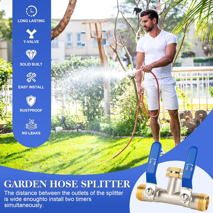 EJW Hose Splitter 2 Way, Garden Hose Splitters, Heavy Duty Faucet Splitter,Rv Brass Water Hose Y Splitter, Double Hose Connector, Spigot Splitter, Two Way Hose Manifold Valve 3/4 Inch GHT Thread.