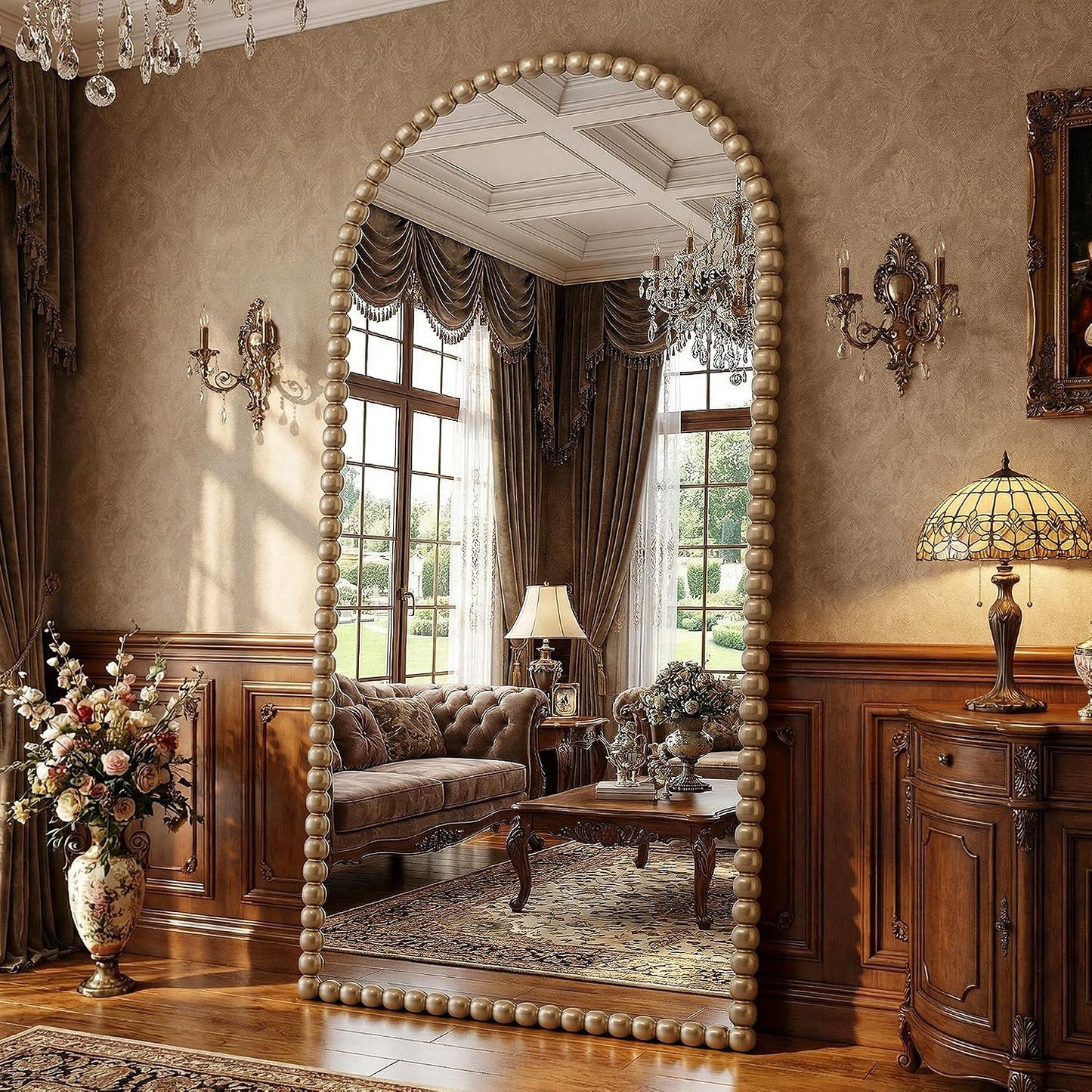 Antok 58" x 21" Arched Full Length Mirror, Antique Beaded Frame Floor Standing or Wall Mounted Mirror with Stand for Bedroom, Entryway, Brown, Luxury Style