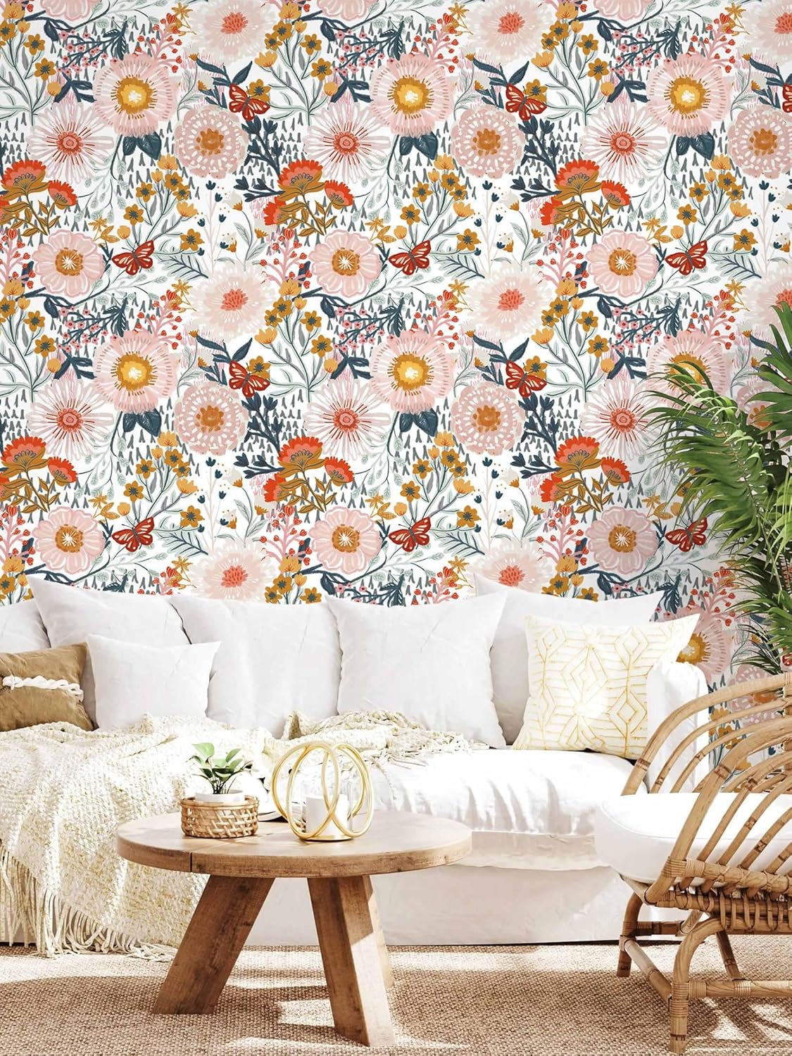 Dimoon 17.3''x78.7'' Peel and Stick Wallpaper Floral Cute Contact Paper Vintage Village Country Cottage Wallpaper Farmhouse Yellow Beige Renter Friendly Geometry Waterproof Embossed Kitchen Bedroom