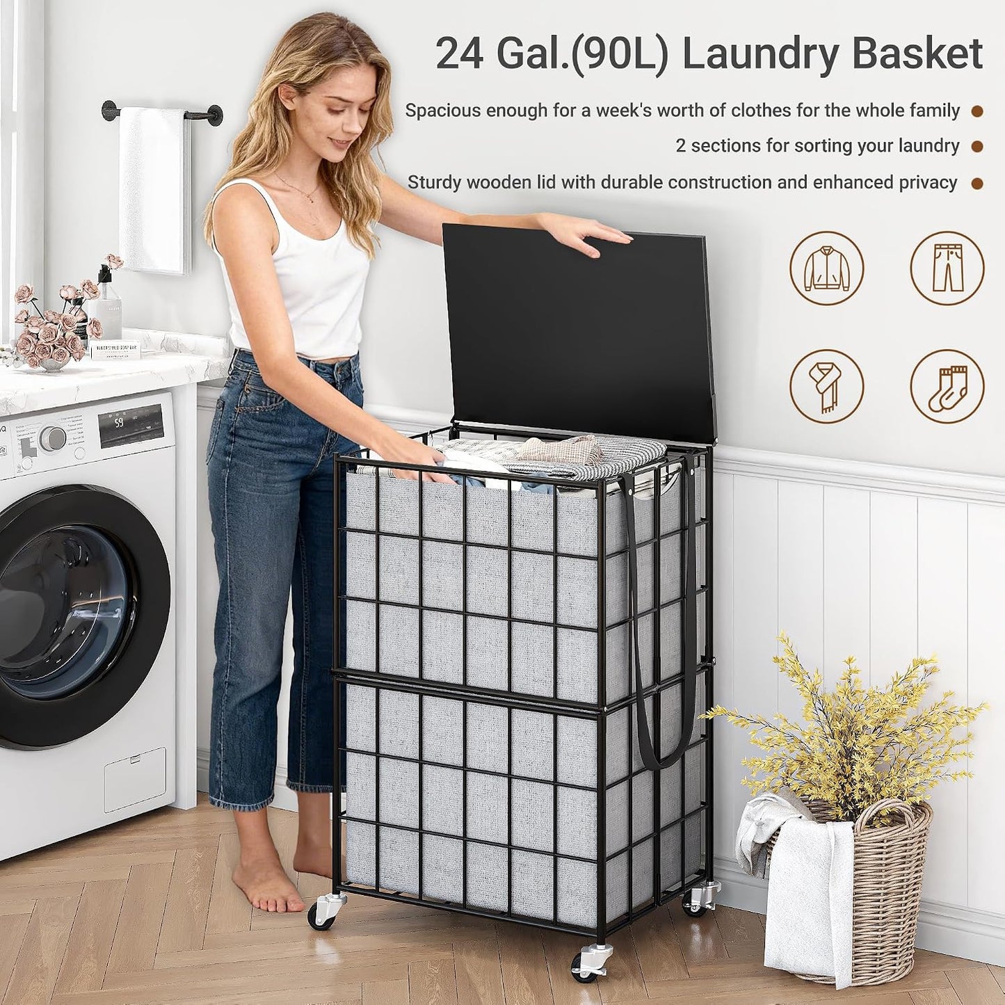 Laundry Basket with Wheels, Heavy Duty Laundry Sorter 2 Sections, 120L (32Gal.) Large Capacity Laundry Hamper with Wood Lid, 360 Rolling Wheels, Extra Side Pocket, Leather Pull Handle, Beige