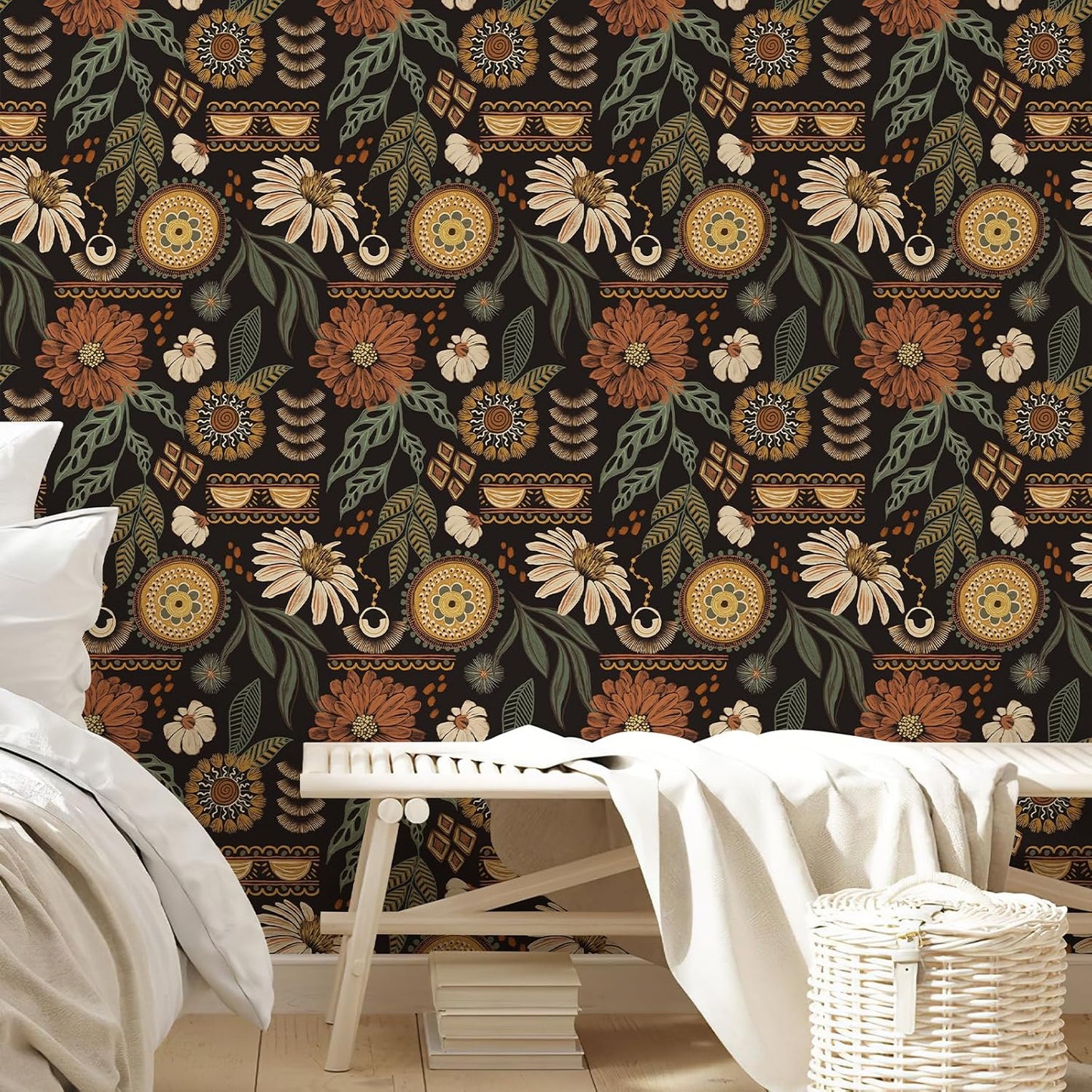 Simon&Siff Boho Peel and Stick Wallpaper, 17.3" x 80" Sun Floral Retro Contact Paper Removable Self Adhesive Wall Paper for Cabinets Furniture Bedroom Nursery Bathroom Renter Friendly DIY Decor