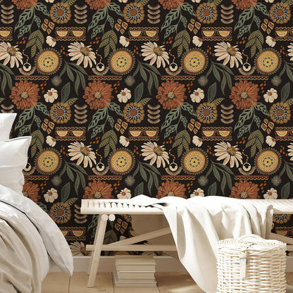 Simon&Siff Boho Peel and Stick Wallpaper, 17.3" x 80" Sun Floral Retro Contact Paper Removable Self Adhesive Wall Paper for Cabinets Furniture Bedroom Nursery Bathroom Renter Friendly DIY Decor