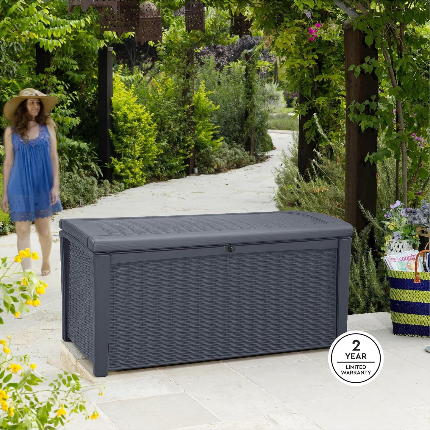 Keter Outdoor Storage Deck Box for Patio, Backyard & Garden, Borneo, 110 Gal, Grey - Lockable, Organizing, and Waterproof Plastic Container Bench